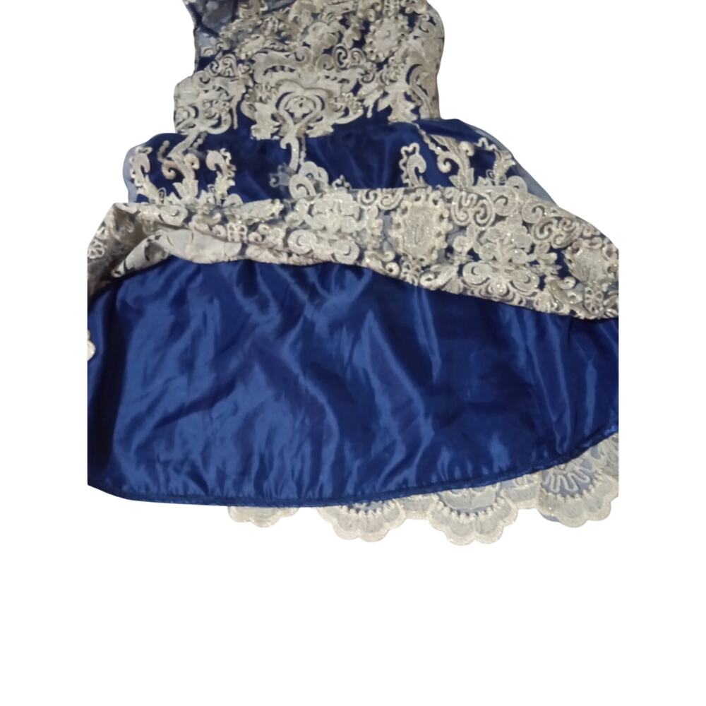 Women's Blue Lace Metallic Gold Embroidered Formal Cocktail Dinner Party Dress - Picture 12 of 13